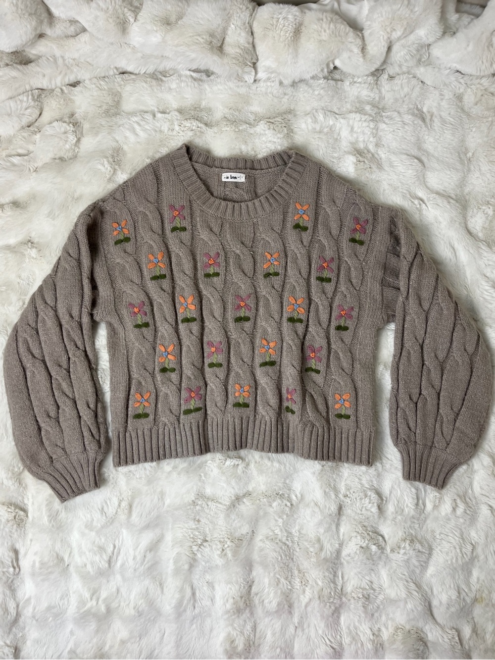 In Loom Taupe Cable-Knit Crewneck Sweater with Embroidered Flowers Size Large